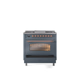 36'' Nostalgie II Series Freestanding Dual Fuel Range - Blue Grey - Bronze trim - Griddle - Natural Gas