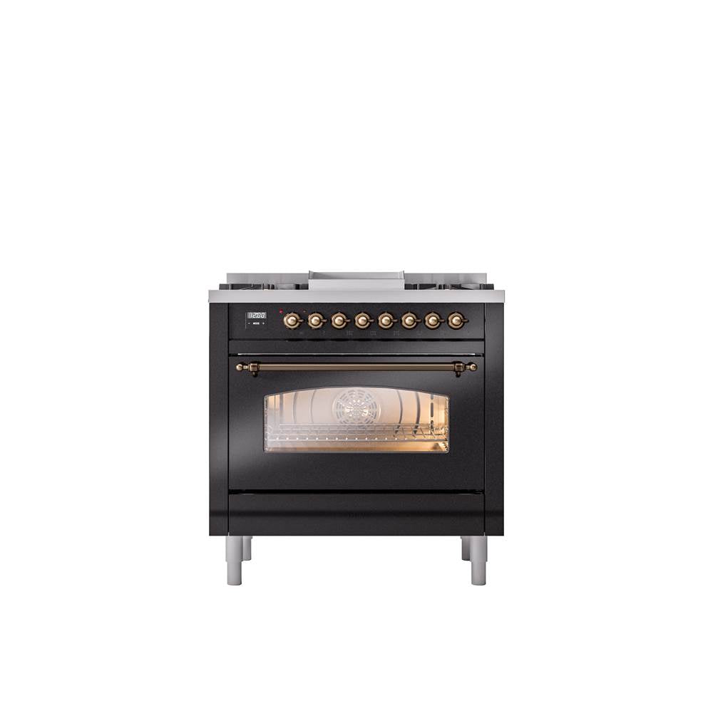 ILVE - 36'' Nostalgie II Series Freestanding Dual Fuel Range - Glossy Black - Bronze trim - Griddle - Natural Gas - Bronze