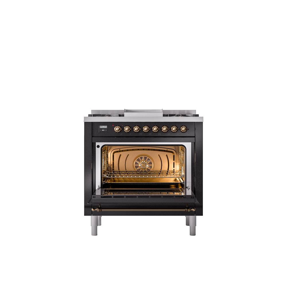 36'' Nostalgie II Series Freestanding Dual Fuel Range - Glossy Black - Bronze trim - Griddle - Natural Gas