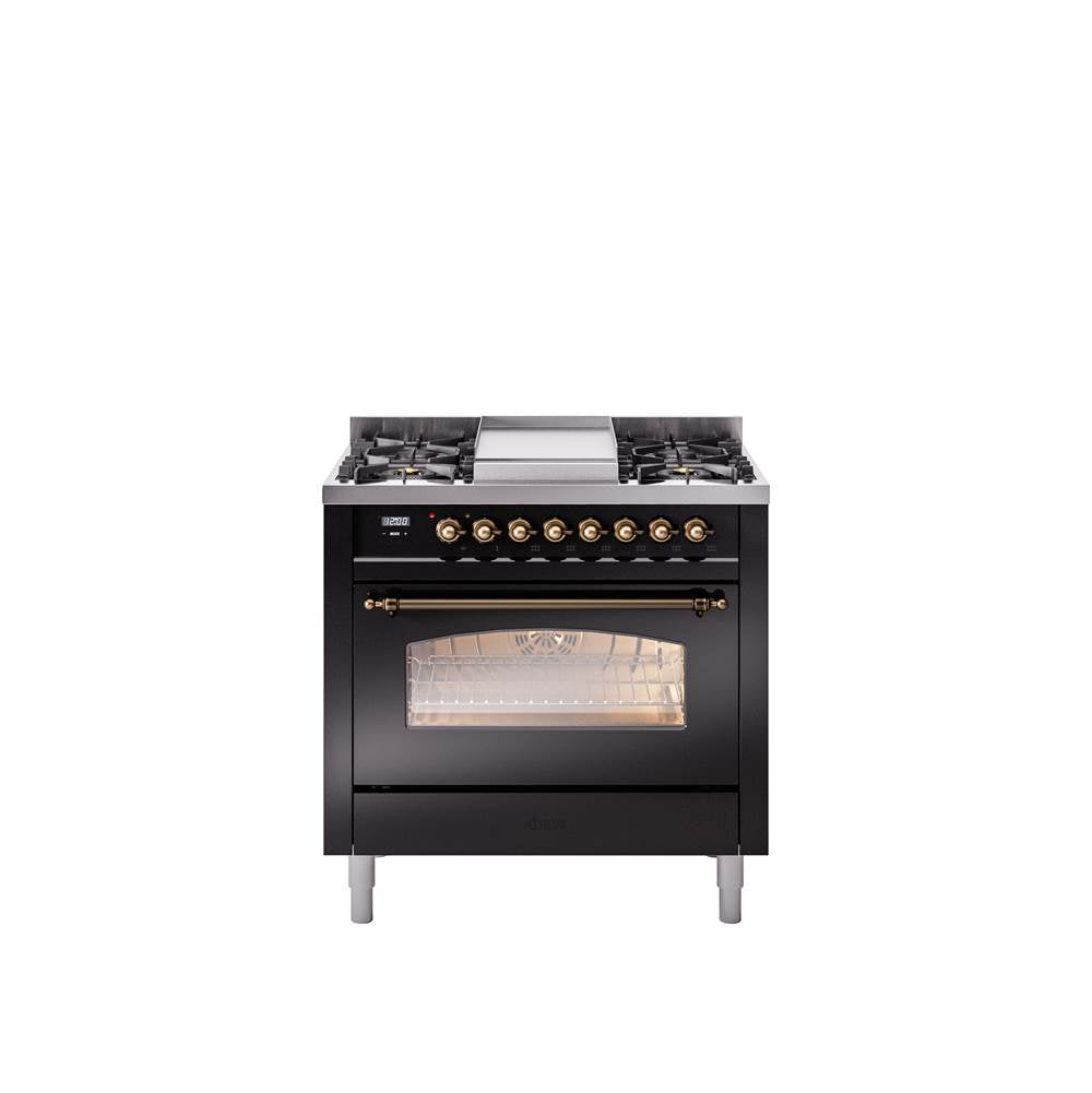 36'' Nostalgie II Series Freestanding Dual Fuel Range - Glossy Black - Bronze trim - Griddle - Natural Gas