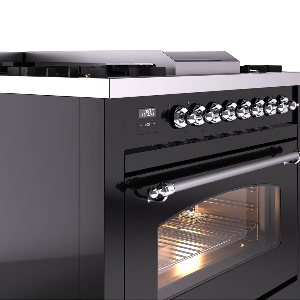 36'' Nostalgie II Series Freestanding Dual Fuel Range - Glossy Black - Bronze trim - Griddle - Natural Gas