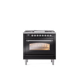 ILVE - 36'' Nostalgie II Series Freestanding Dual Fuel Range - Glossy Black - Chrome trim - Griddle - Natural Gas - Chrome
