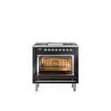 36'' Nostalgie II Series Freestanding Dual Fuel Range - Glossy Black - Bronze trim - Griddle - Natural Gas