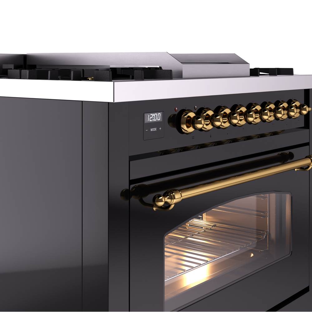 36'' Nostalgie II Series Freestanding Dual Fuel Range - Glossy Black - Bronze trim - Griddle - Natural Gas