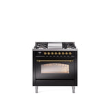 36'' Nostalgie II Series Freestanding Dual Fuel Range - Glossy Black - Bronze trim - Griddle - Natural Gas