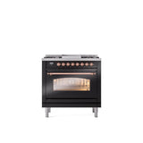 ILVE - 36'' Nostalgie II Series Freestanding Dual Fuel Range - Glossy Black - Copper trim - Griddle - Natural Gas - Copper