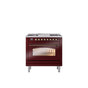 ILVE - 36'' Nostalgie II Series Freestanding Dual Fuel Range - Burgundy - Bronze trim - Griddle - Natural Gas - Bronze