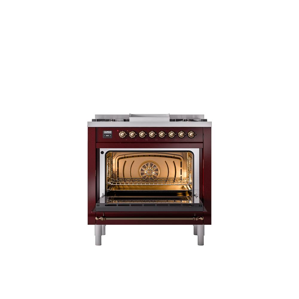 36'' Nostalgie II Series Freestanding Dual Fuel Range - Burgundy - Bronze trim - Griddle - Natural Gas