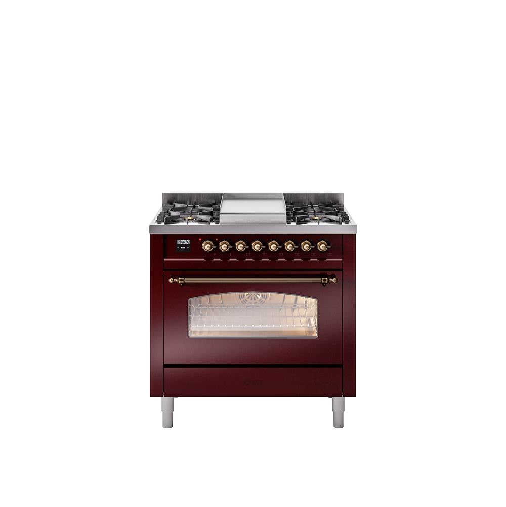 36'' Nostalgie II Series Freestanding Dual Fuel Range - Burgundy - Bronze trim - Griddle - Natural Gas