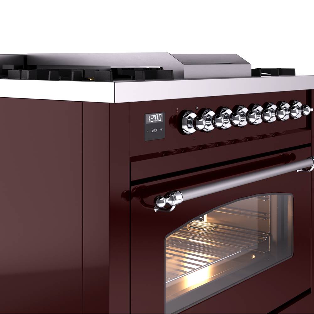 36'' Nostalgie II Series Freestanding Dual Fuel Range - Burgundy - Bronze trim - Griddle - Natural Gas
