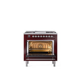 36'' Nostalgie II Series Freestanding Dual Fuel Range - Burgundy - Bronze trim - Griddle - Natural Gas