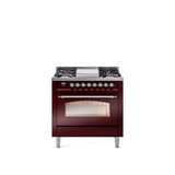 36'' Nostalgie II Series Freestanding Dual Fuel Range - Burgundy - Bronze trim - Griddle - Natural Gas