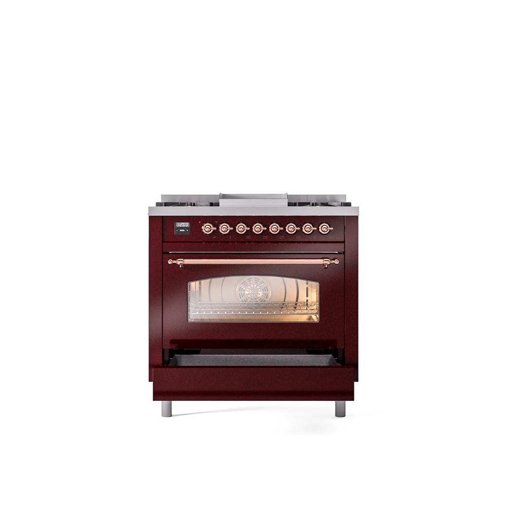 36'' Nostalgie II Series Freestanding Dual Fuel Range - Burgundy - Copper trim - Griddle - Natural Gas