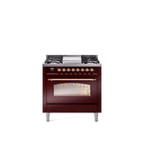 36'' Nostalgie II Series Freestanding Dual Fuel Range - Burgundy - Copper trim - Griddle - Natural Gas