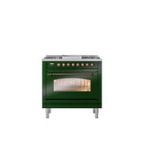ILVE - 36'' Nostalgie II Series Freestanding Dual Fuel Range - Emerald Green - Bronze trim - Griddle - Natural Gas - Bronze
