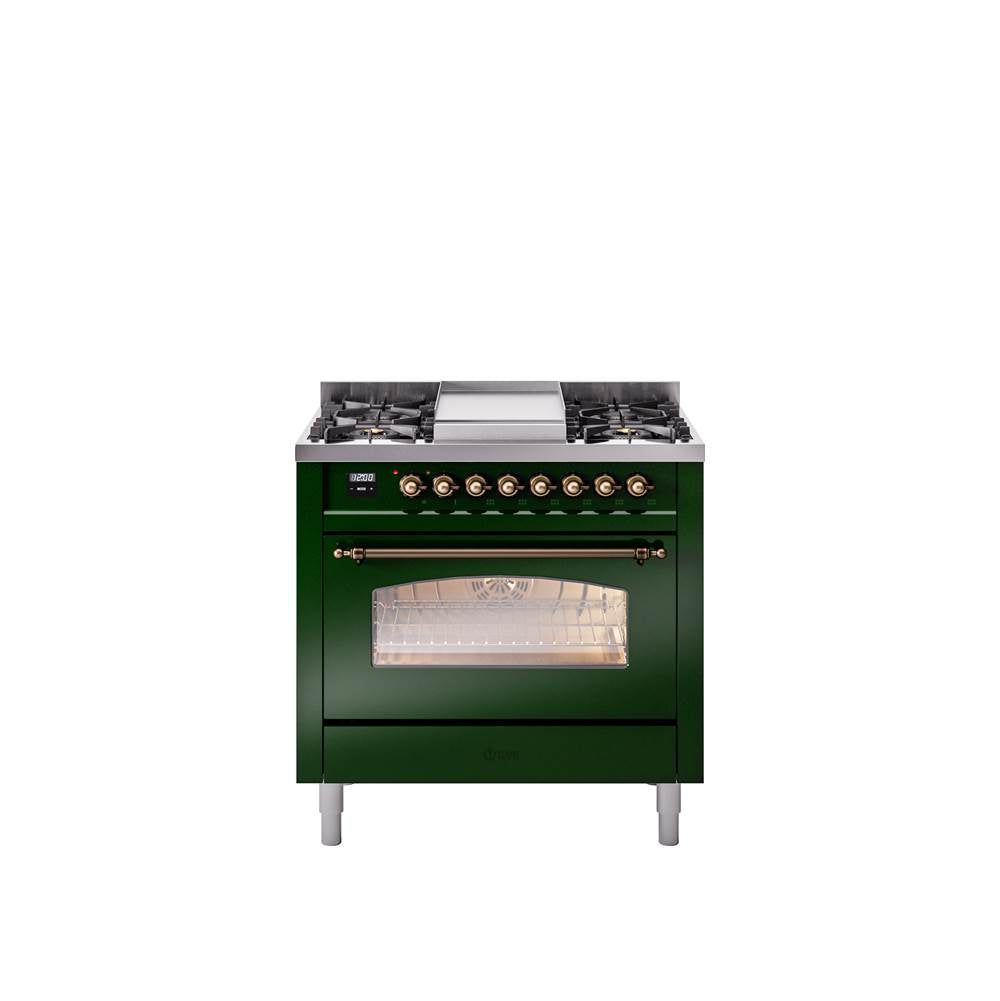 36'' Nostalgie II Series Freestanding Dual Fuel Range - Emerald Green - Bronze trim - Griddle - Natural Gas