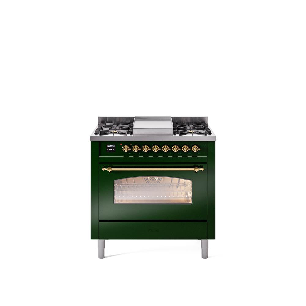 36'' Nostalgie II Series Freestanding Dual Fuel Range - Emerald Green - Bronze trim - Griddle - Natural Gas