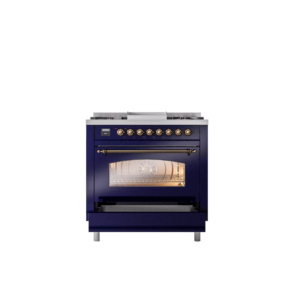 36'' Nostalgie II Series Freestanding Dual Fuel Range - Midnight Blue - Bronze trim - Griddle - Natural Gas