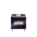 36'' Nostalgie II Series Freestanding Dual Fuel Range - Midnight Blue - Bronze trim - Griddle - Natural Gas
