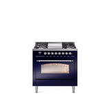36'' Nostalgie II Series Freestanding Dual Fuel Range - Midnight Blue - Bronze trim - Griddle - Natural Gas