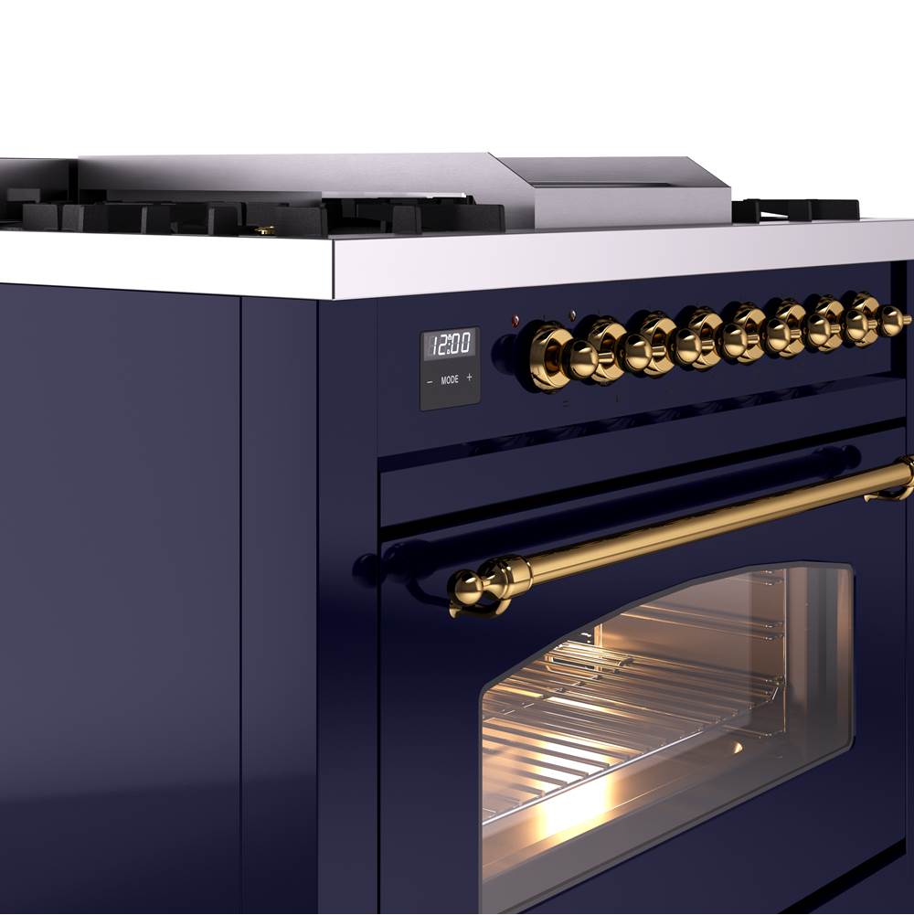 36'' Nostalgie II Series Freestanding Dual Fuel Range - Midnight Blue - Bronze trim - Griddle - Natural Gas