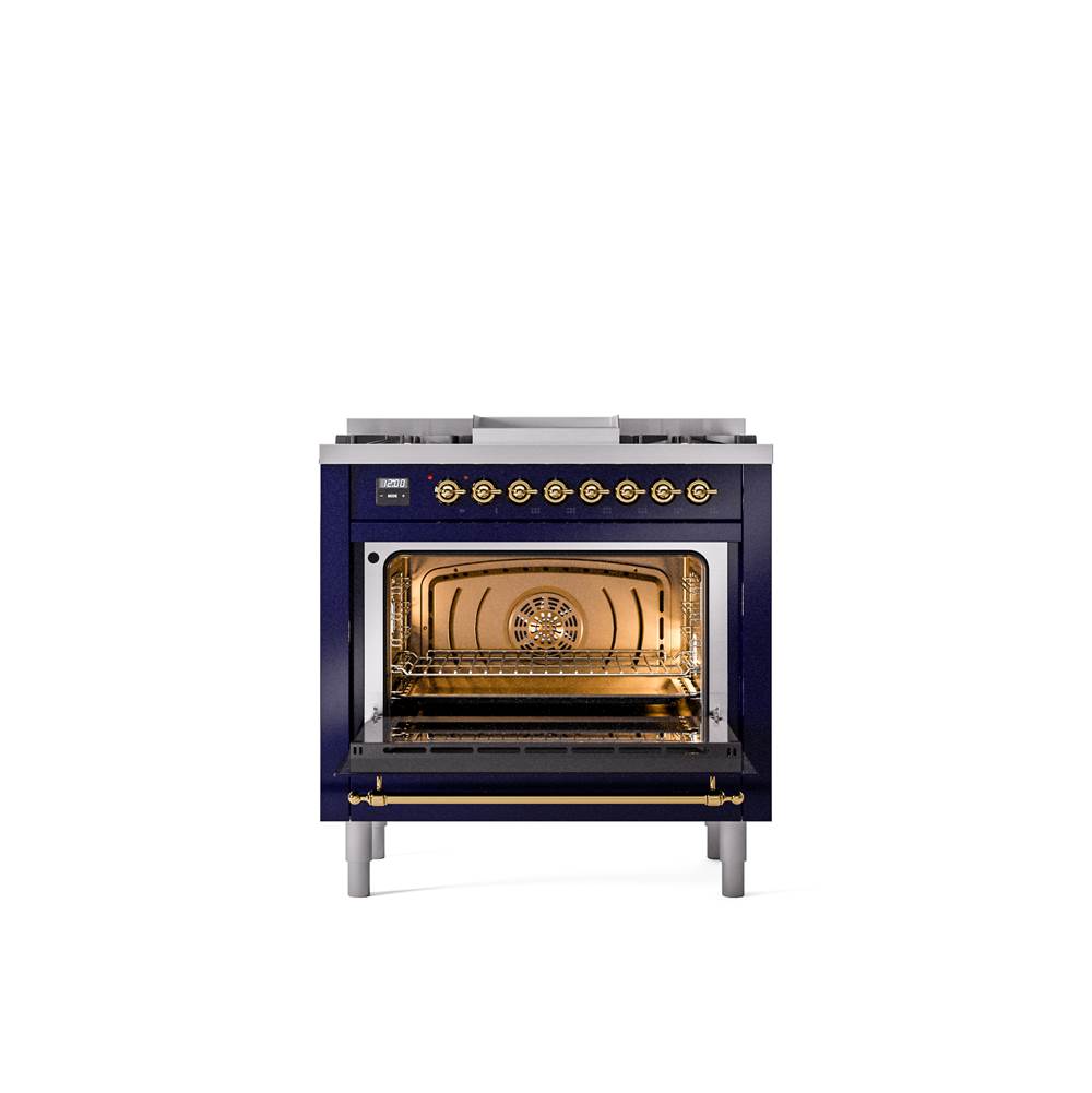 36'' Nostalgie II Series Freestanding Dual Fuel Range - Midnight Blue - Bronze trim - Griddle - Natural Gas