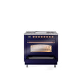 36'' Nostalgie II Series Freestanding Dual Fuel Range - Midnight Blue - Bronze trim - Griddle - Natural Gas