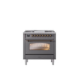 ILVE - 36'' Nostalgie II Series Freestanding Dual Fuel Range - Matte Graphite - Bronze trim - Griddle - Natural Gas - Bronze