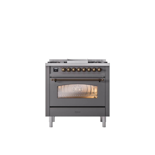ILVE - 36'' Nostalgie II Series Freestanding Dual Fuel Range - Matte Graphite - Bronze trim - Griddle - Natural Gas - Bronze