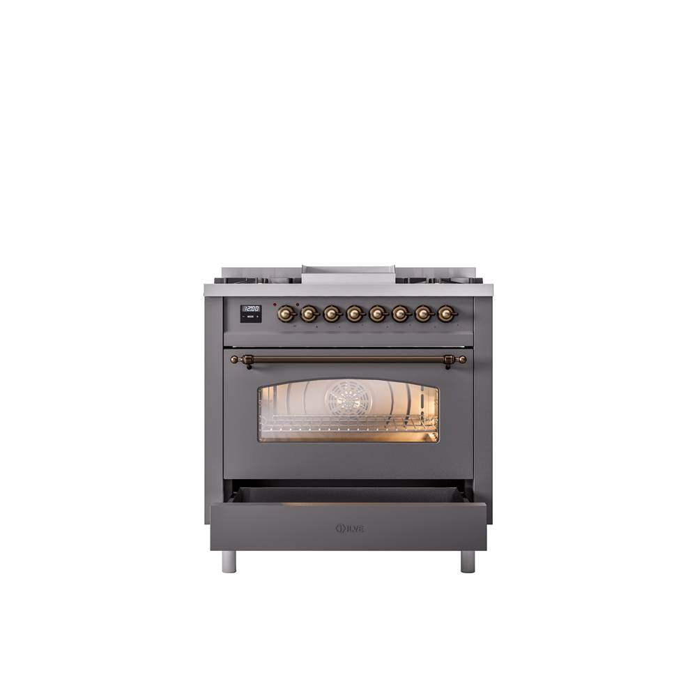 36'' Nostalgie II Series Freestanding Dual Fuel Range - Matte Graphite - Bronze trim - Griddle - Natural Gas