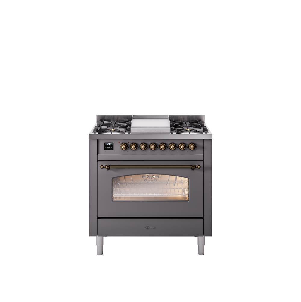 36'' Nostalgie II Series Freestanding Dual Fuel Range - Matte Graphite - Bronze trim - Griddle - Natural Gas