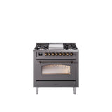 36'' Nostalgie II Series Freestanding Dual Fuel Range - Matte Graphite - Bronze trim - Griddle - Natural Gas