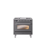 ILVE - 36'' Nostalgie II Series Freestanding Dual Fuel Range - Matte Graphite - Chrome trim - Griddle - Natural Gas - Chrome