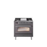 36'' Nostalgie II Series Freestanding Dual Fuel Range - Matte Graphite - Bronze trim - Griddle - Natural Gas
