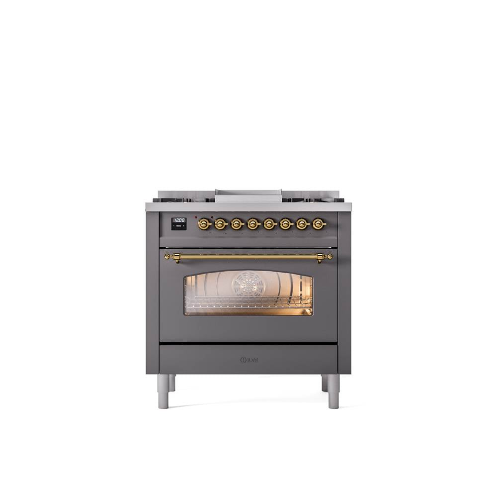 ILVE - 36'' Nostalgie II Series Freestanding Dual Fuel Range - Matte Graphite - Brass trim - Griddle - Natural Gas - Brass