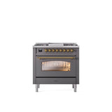 ILVE - 36'' Nostalgie II Series Freestanding Dual Fuel Range - Matte Graphite - Brass trim - Griddle - Natural Gas - Brass