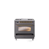 36'' Nostalgie II Series Freestanding Dual Fuel Range - Matte Graphite - Bronze trim - Griddle - Natural Gas