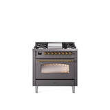 36'' Nostalgie II Series Freestanding Dual Fuel Range - Matte Graphite - Bronze trim - Griddle - Natural Gas