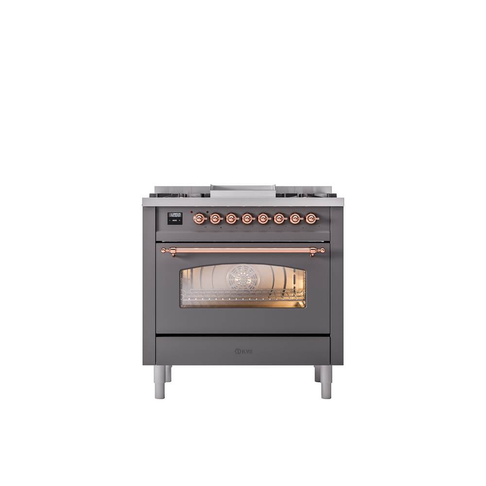 ILVE - 36'' Nostalgie II Series Freestanding Dual Fuel Range - Matte Graphite - Copper trim - Griddle - Natural Gas - Copper