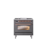 ILVE - 36'' Nostalgie II Series Freestanding Dual Fuel Range - Matte Graphite - Copper trim - Griddle - Natural Gas - Copper
