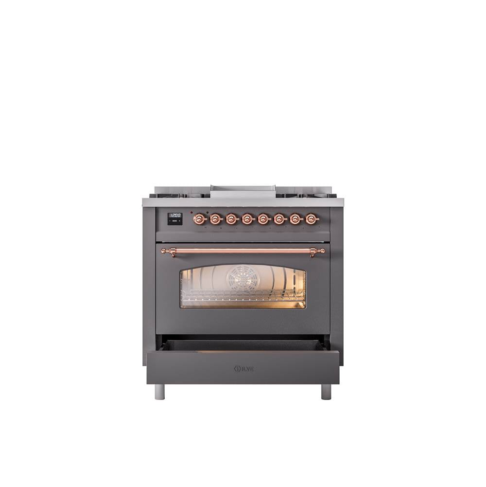 36'' Nostalgie II Series Freestanding Dual Fuel Range - Matte Graphite - Bronze trim - Griddle - Natural Gas
