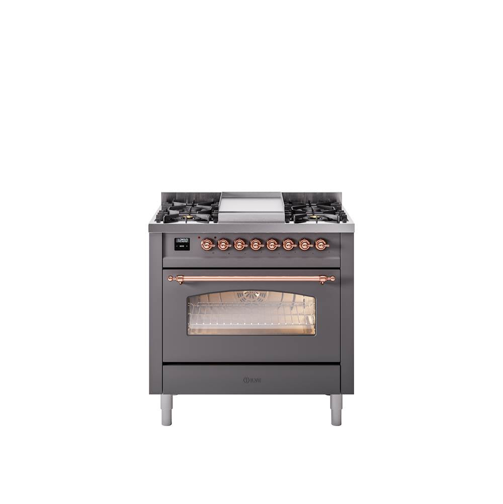 36'' Nostalgie II Series Freestanding Dual Fuel Range - Matte Graphite - Bronze trim - Griddle - Natural Gas