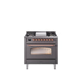 36'' Nostalgie II Series Freestanding Dual Fuel Range - Matte Graphite - Bronze trim - Griddle - Natural Gas