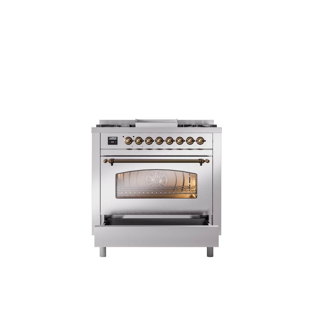 36'' Nostalgie II Series Freestanding Dual Fuel Range - Stainless Steel - Bronze trim - Griddle - Natural Gas
