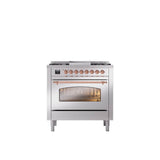 ILVE - 36'' Nostalgie II Series Freestanding Dual Fuel Range - Stainless Steel - Copper trim - Griddle - Natural Gas - Copper