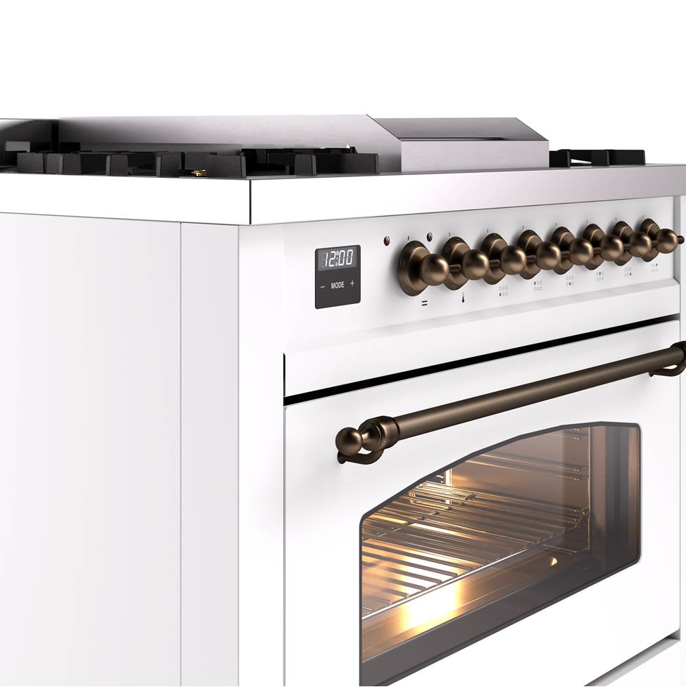 36'' Nostalgie II Series Freestanding Dual Fuel Range - White - Bronze trim - Griddle - Natural Gas
