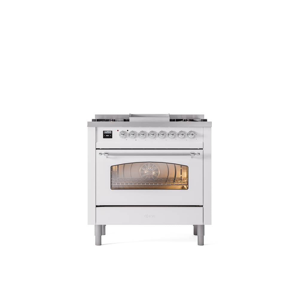 ILVE - 36'' Nostalgie II Series Freestanding Dual Fuel Range - White - Chrome trim - Griddle - Natural Gas - Chrome