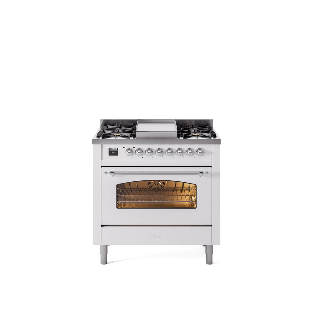 36'' Nostalgie II Series Freestanding Dual Fuel Range - White - Bronze trim - Griddle - Natural Gas