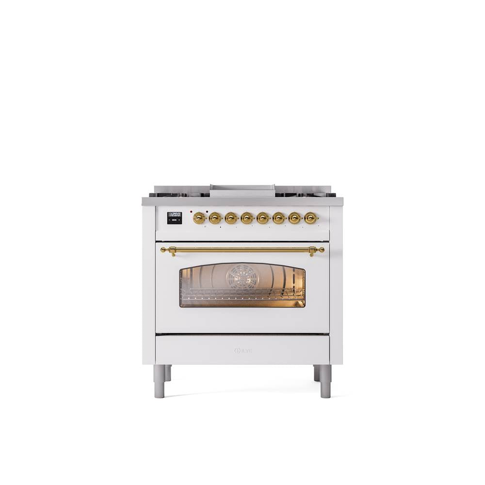 ILVE - 36'' Nostalgie II Series Freestanding Dual Fuel Range - White - Brass trim - Griddle - Natural Gas - Brass