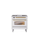 ILVE - 36'' Nostalgie II Series Freestanding Dual Fuel Range - White - Brass trim - Griddle - Natural Gas - Brass